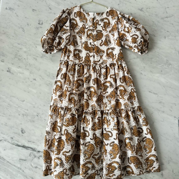 KENZO Girl’s' Seersucker Leopard & Tiger Cotton Print Dress Lined Tiered Midi - Picture 9 of 9